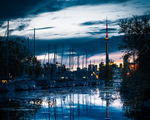 Preview wallpaper tower, boats, water, reflection, twilight