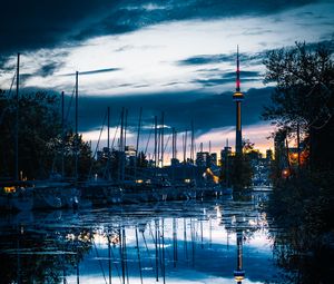 Preview wallpaper tower, boats, water, reflection, twilight