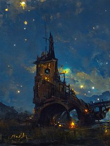 Preview wallpaper tower, bridge, arch, lights, night, art