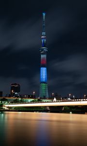 Preview wallpaper tower, bridge, buildings, night city, architecture, lights