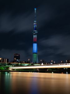 Preview wallpaper tower, bridge, buildings, night city, architecture, lights