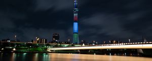 Preview wallpaper tower, bridge, buildings, night city, architecture, lights