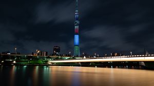 Preview wallpaper tower, bridge, buildings, night city, architecture, lights