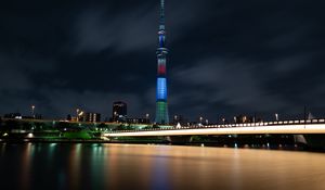 Preview wallpaper tower, bridge, buildings, night city, architecture, lights