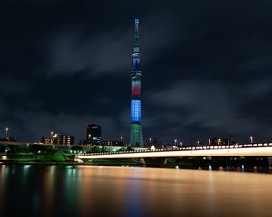 Preview wallpaper tower, bridge, buildings, night city, architecture, lights