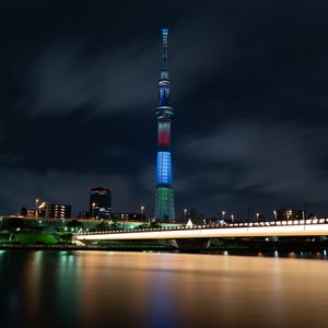 Preview wallpaper tower, bridge, buildings, night city, architecture, lights