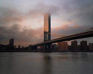 Preview wallpaper tower, bridge, buildings, architecture, city, coast