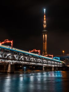 Preview wallpaper tower, bridge, lights, tokyo, japan