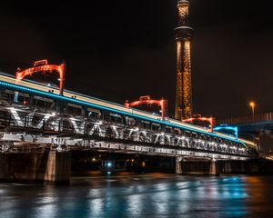 Preview wallpaper tower, bridge, lights, tokyo, japan