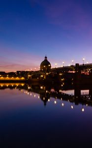 Preview wallpaper tower, bridge, lights, reflection, river, evening