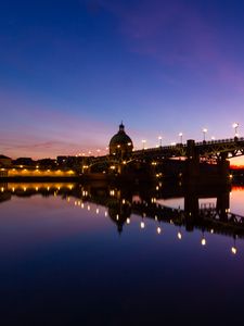 Preview wallpaper tower, bridge, lights, reflection, river, evening