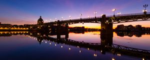 Preview wallpaper tower, bridge, lights, reflection, river, evening