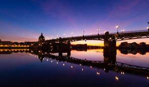 Preview wallpaper tower, bridge, lights, reflection, river, evening