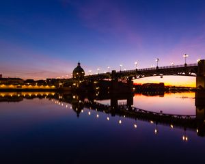 Preview wallpaper tower, bridge, lights, reflection, river, evening