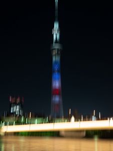 Preview wallpaper tower, building, architecture, blur, city, backlight