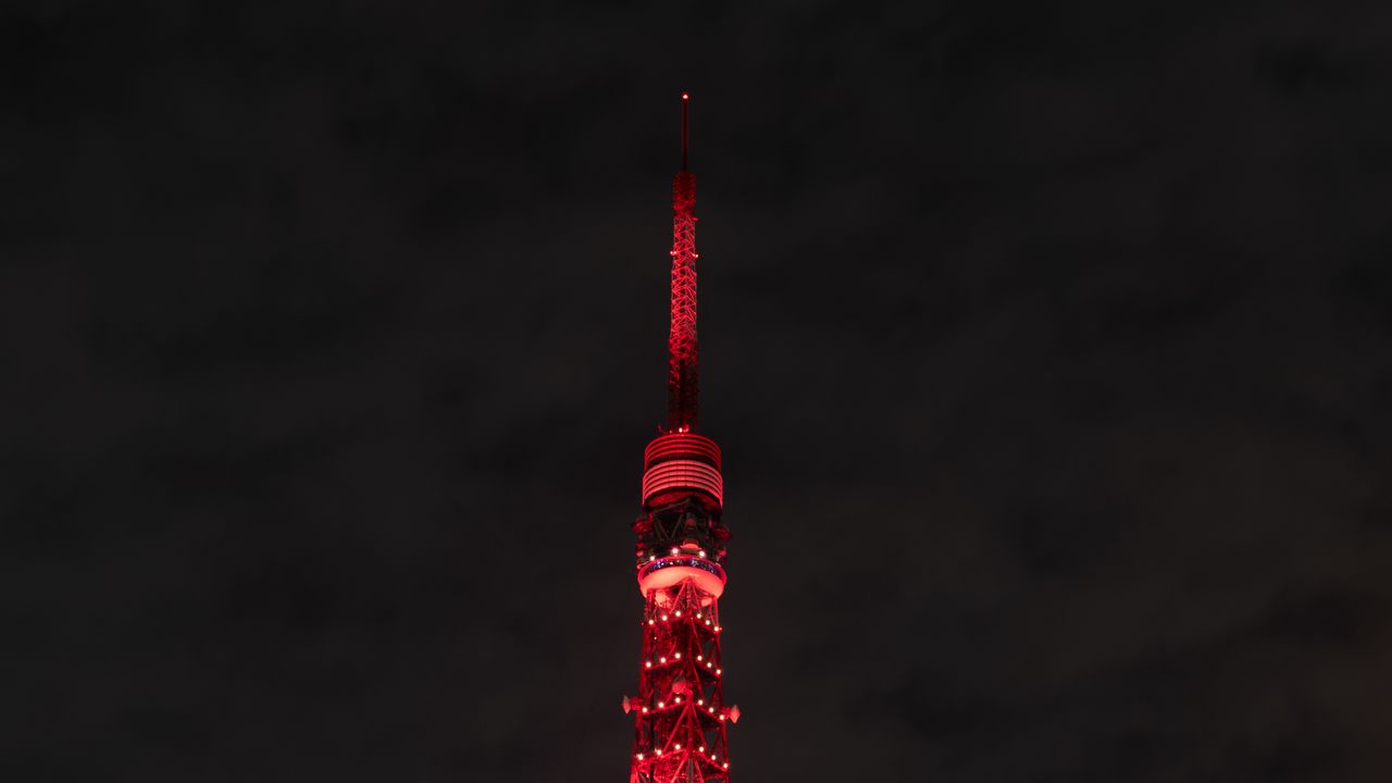 Wallpaper tower, building, architecture, backlight, red