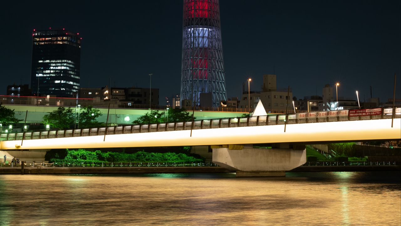 Wallpaper tower, building, architecture, night city, bridge, river