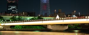 Preview wallpaper tower, building, architecture, night city, bridge, river