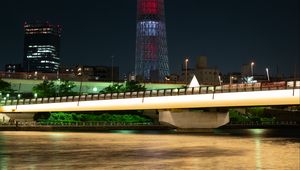 Preview wallpaper tower, building, architecture, night city, bridge, river