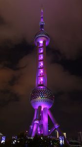 Preview wallpaper tower, building, architecture, backlight, purple