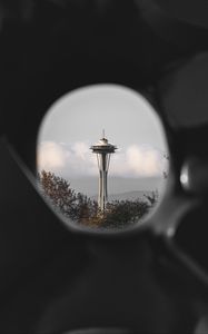 Preview wallpaper tower, building, architecture, clouds, trees, view