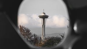 Preview wallpaper tower, building, architecture, clouds, trees, view