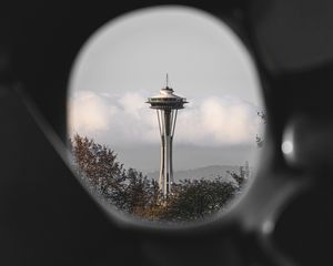 Preview wallpaper tower, building, architecture, clouds, trees, view