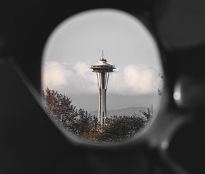 Preview wallpaper tower, building, architecture, clouds, trees, view