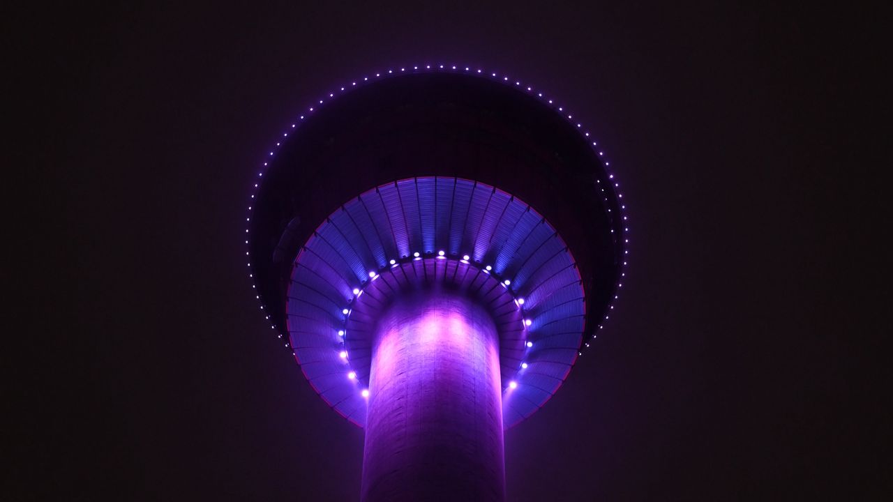 Wallpaper tower, building, architecture, backlight, purple, dark