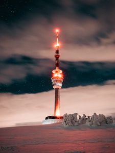 Preview wallpaper tower, building, backlight, night, winter