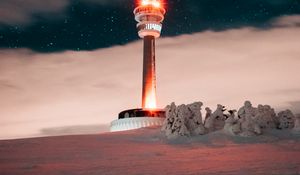 Preview wallpaper tower, building, backlight, night, winter