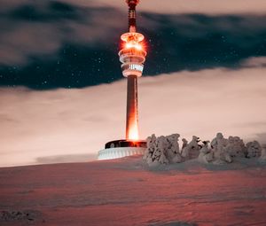 Preview wallpaper tower, building, backlight, night, winter