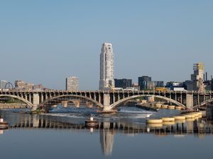 Preview wallpaper tower, building, bridge, river