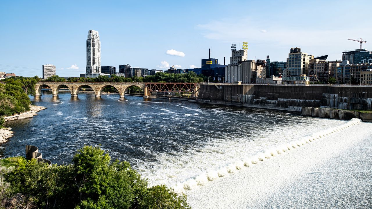 Wallpaper tower, building, bridge, river, trees