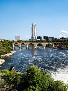 Preview wallpaper tower, building, bridge, river, trees