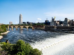 Preview wallpaper tower, building, bridge, river, trees