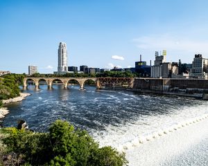 Preview wallpaper tower, building, bridge, river, trees