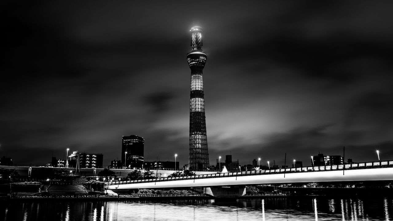 Wallpaper tower, building, bw, night city, architecture