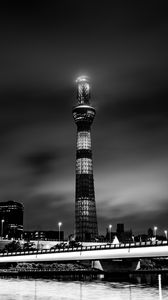 Preview wallpaper tower, building, bw, night city, architecture