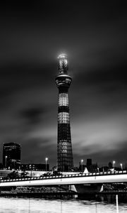 Preview wallpaper tower, building, bw, night city, architecture