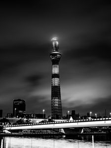 Preview wallpaper tower, building, bw, night city, architecture