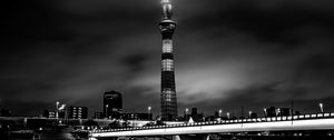 Preview wallpaper tower, building, bw, night city, architecture