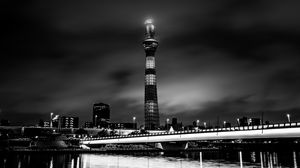 Preview wallpaper tower, building, bw, night city, architecture