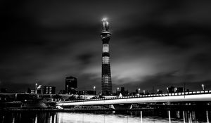 Preview wallpaper tower, building, bw, night city, architecture