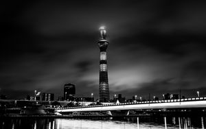 Preview wallpaper tower, building, bw, night city, architecture