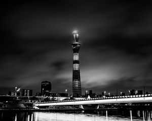 Preview wallpaper tower, building, bw, night city, architecture