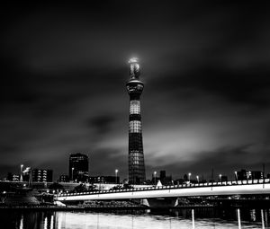 Preview wallpaper tower, building, bw, night city, architecture