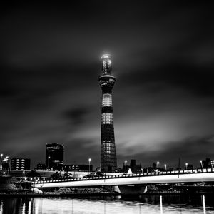 Preview wallpaper tower, building, bw, night city, architecture