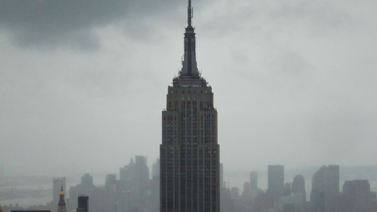 Wallpaper tower, building, city, aerial view, fog