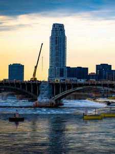Preview wallpaper tower, building, construction, bridge, river